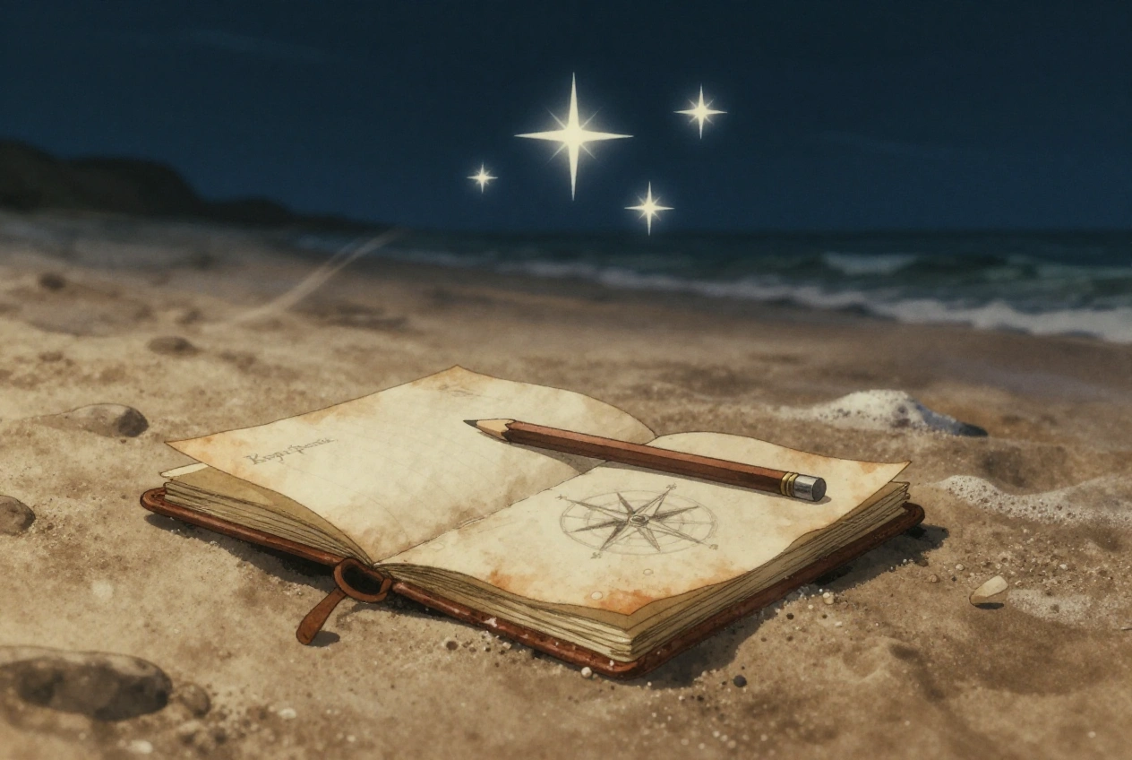 Ein nasses Notizbuch im Sand, dazu vier Sterne in Kreuzform — der Süden weist den Weg.