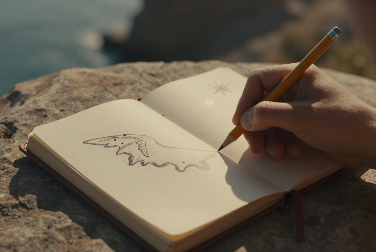 Vignette: Spiletts Bleistift zeichnet im Morgenlicht die Umrisse der Insel ins Notizbuch.