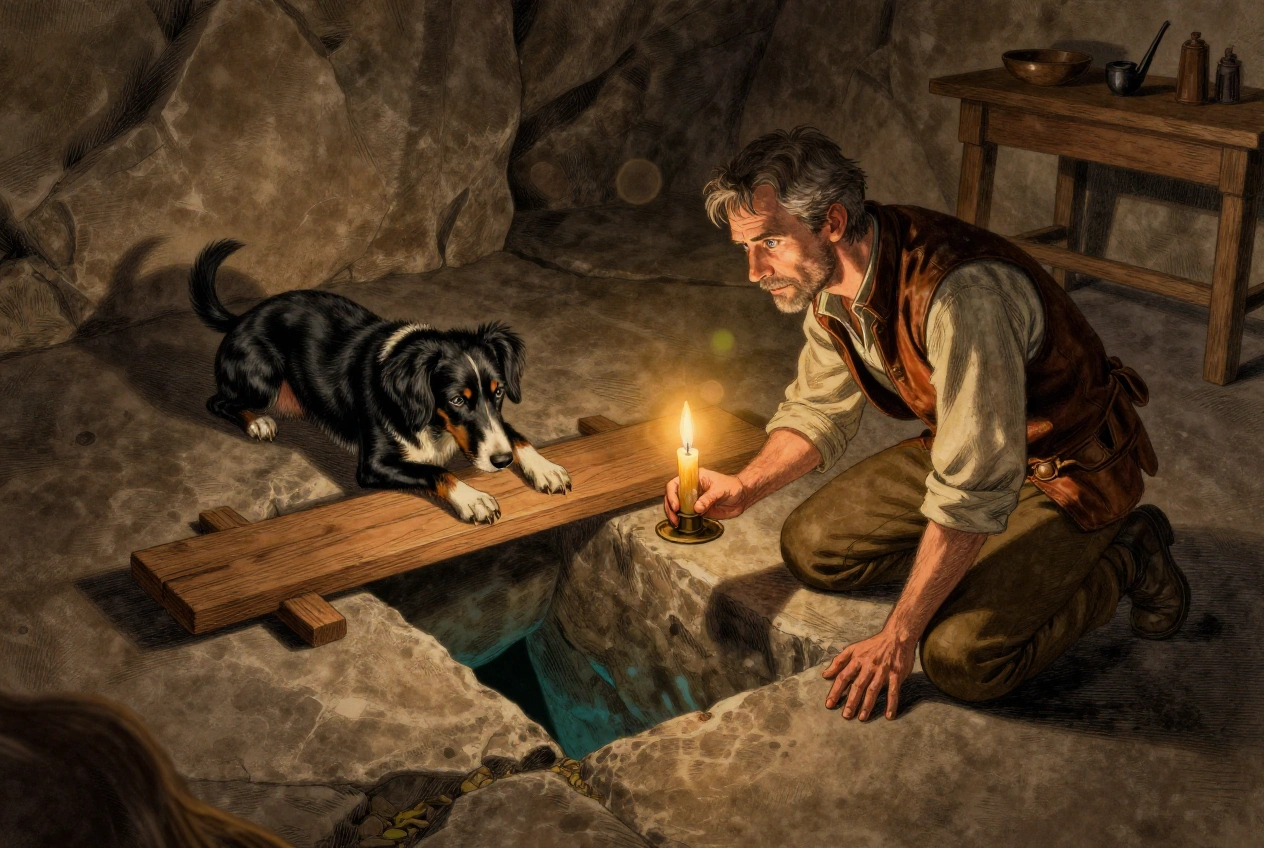 Top liegt vor dem dunklen Schacht im Granithaus, die Ohren gespitzt, während Cyrus mit einer Kerze hineinleuchtet.