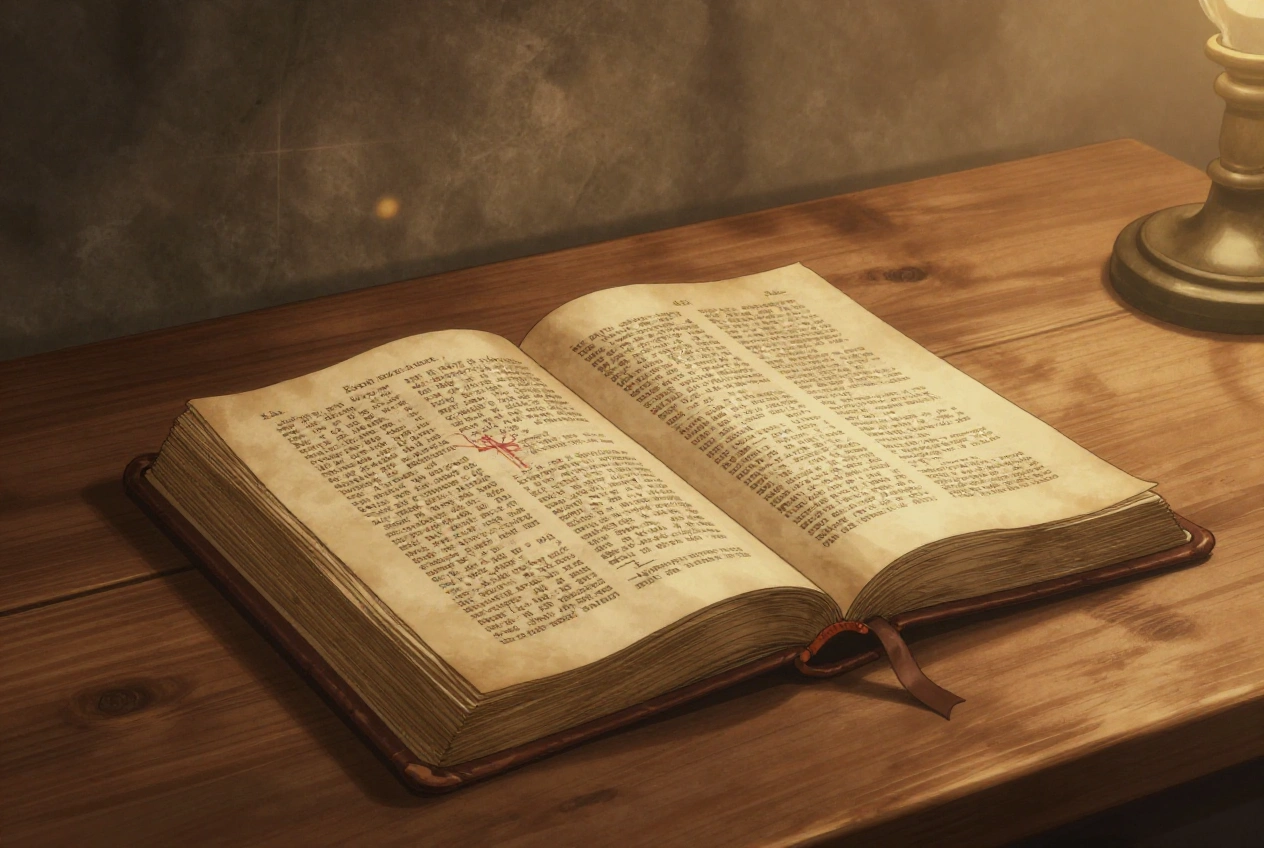 Eine offene Bibel mit einem feinen roten Kreuz am Rand eines Verses.