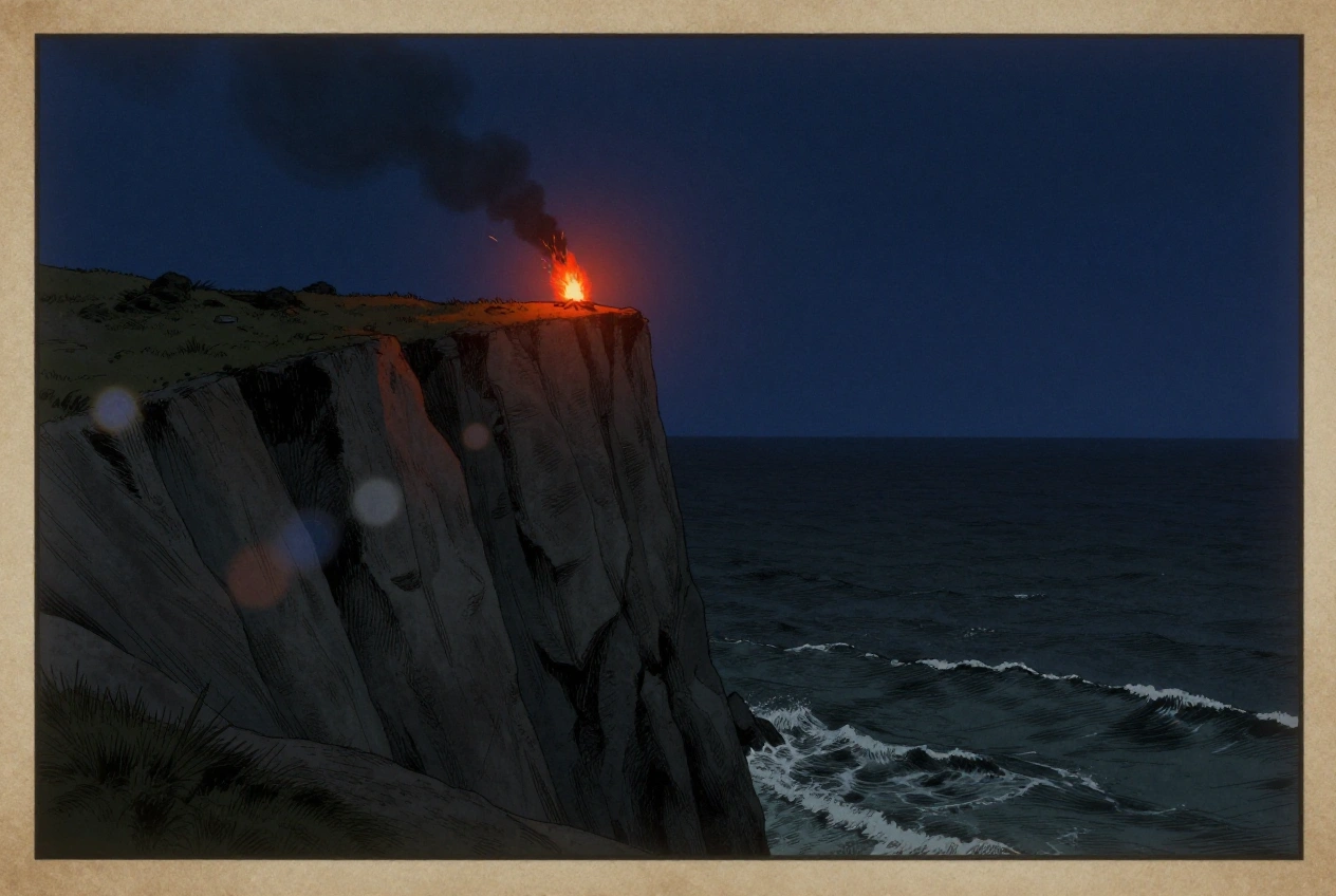 Ein einzelnes Feuer flackert in der Nacht auf den Klippen von Insel Lincoln.