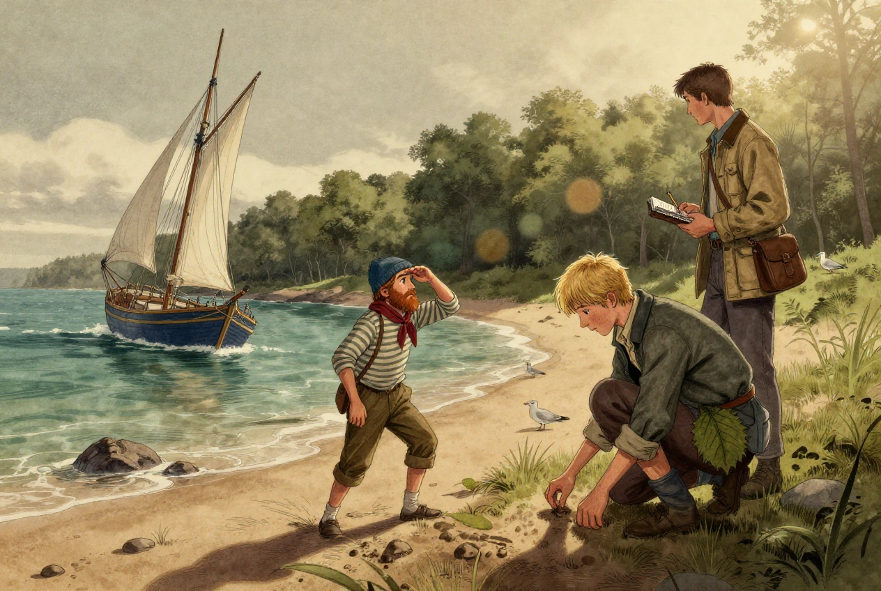 Die ›Bonadventure‹ legt im Morgenlicht an der grünen Küste von Insel Tabor an, während Pencroff, Harbert und Spilett das Ufer absuchen.
