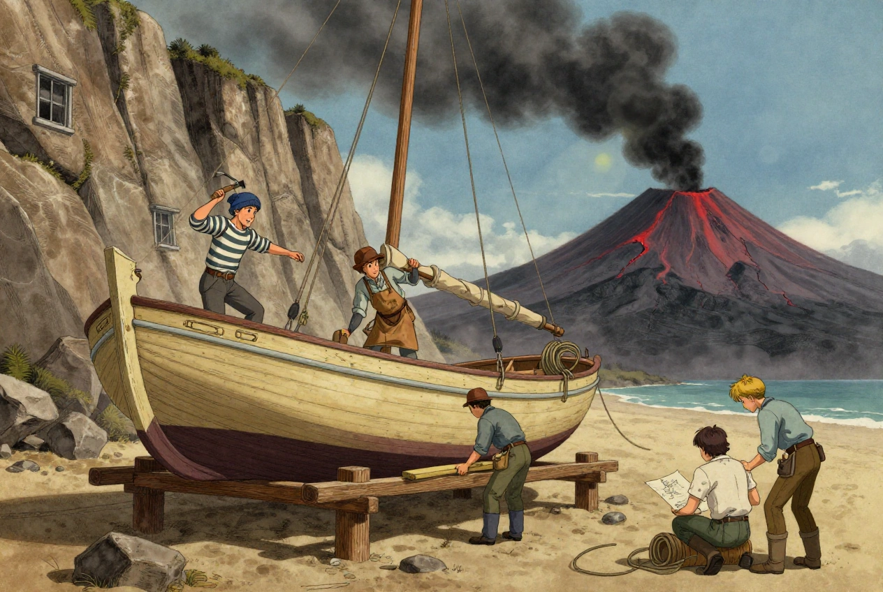 Am Strand vor dem Granithaus wachsen die hellen Planken des neuen Schiffs, während der Berg Franklin im Hintergrund seine schwarze Rauchhaube über die Insel breitet.