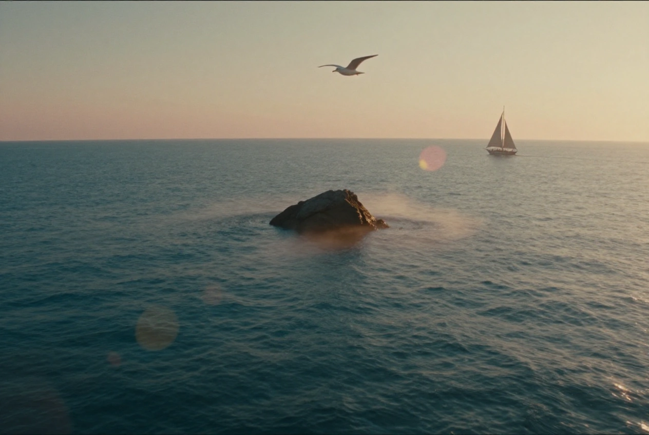 Vignette: Ein einsamer Felsen ragt aus dem dampfenden Pazifik, darüber kreist eine Möwe, am Horizont nähert sich eine schlanke Yacht.